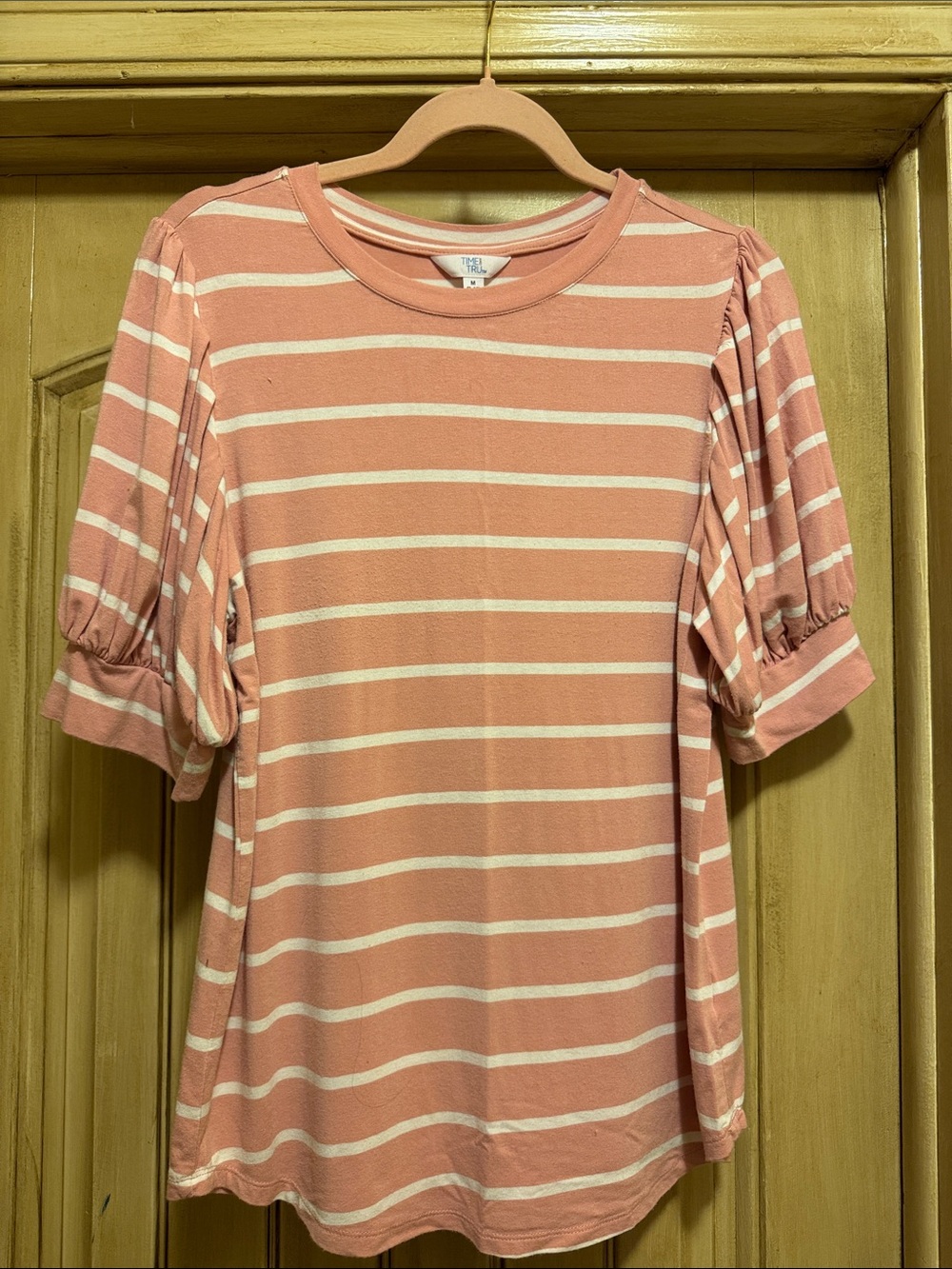 Time and Tru Pink and White Striped Puff Sleeve Tee